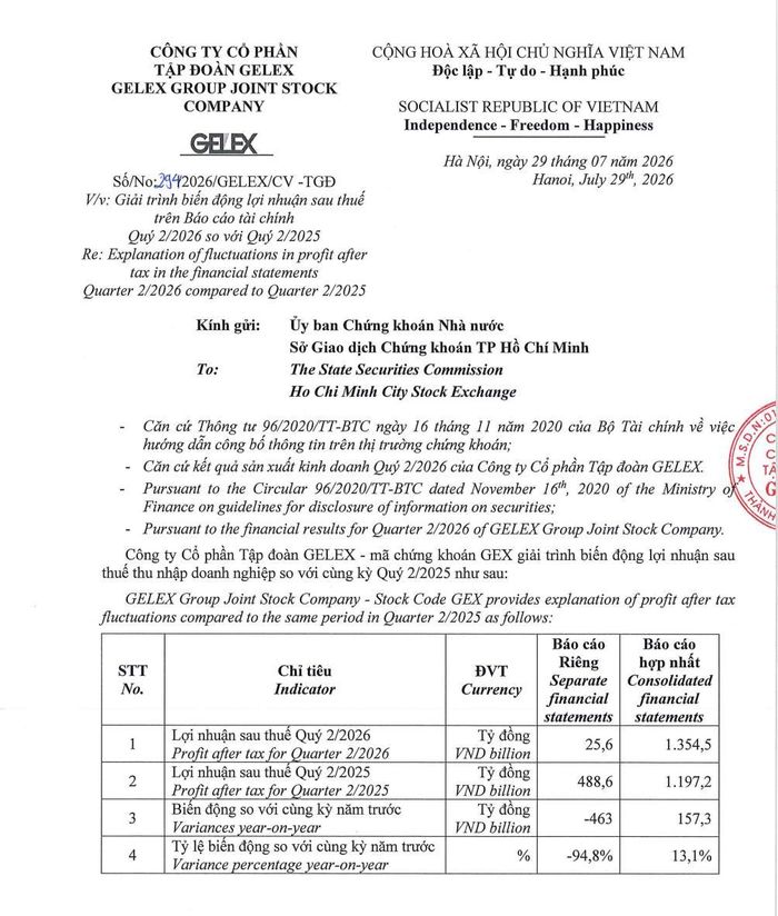 Văn bản giải trình số 294/2026/GELEX/CV-TGĐ ngày 29/7/2026 của GELEX gửi Ủy ban Chứng khoán Nhà nước và HoSE. Ảnh chụp màn hình