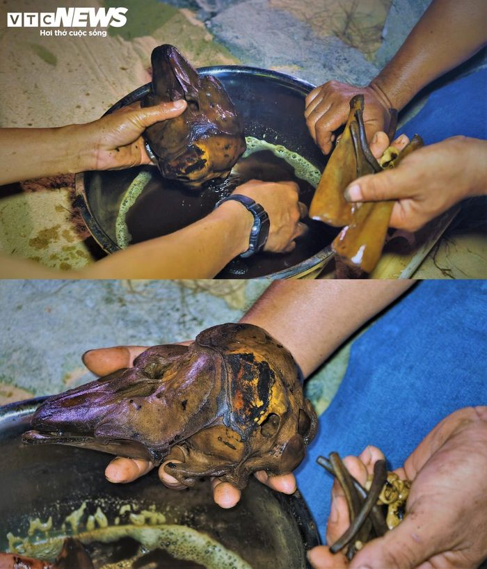 Ngư dân nhẹ nhàng nhặt từng đốt xương, rửa sạch bằng rượu trắng pha gừng và các loại lá thơm như sả, bưởi, lá bưởi.