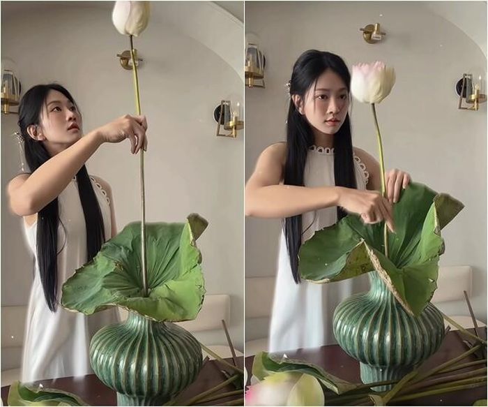 Không vội cắm toàn bộ bó hoa vào bình, nữ diễn viên dành thời gian ướm chiều cao từng cành, xác định hướng tỏa và khoảng cách giữa các bông. Chiếc lá sen lớn được đặt sát miệng bình để tạo nền, sau đó bông sen cao nhất được cắm ở vị trí trung tâm nhằm định hình trục chính cho toàn bộ tác phẩm.