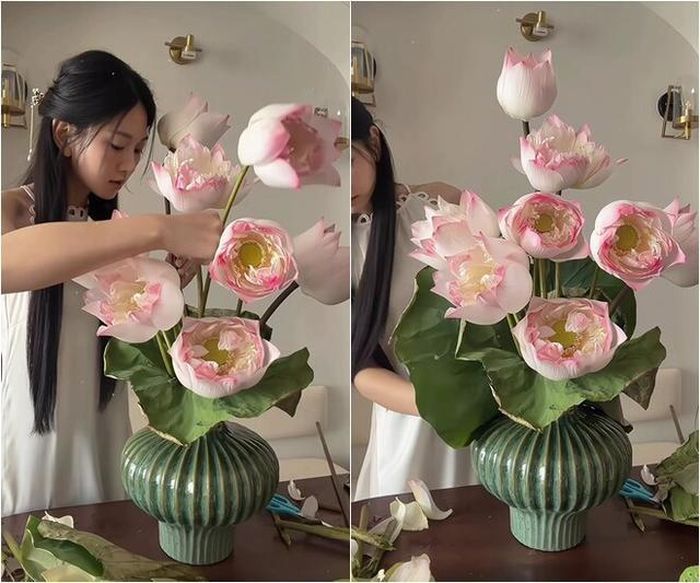 Thành phẩm là một bình sen bách diệp kích thước lớn, nổi bật trên nền nội thất gỗ trầm, mang đến cảm giác thanh khiết và yên bình cho không gian sống.