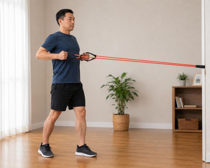 Kéo dây kháng lực giúp tăng sức mạnh cơ lưng trên, vai sau và cơ tay, góp phần cải thiện tư thế. Ảnh:AI.