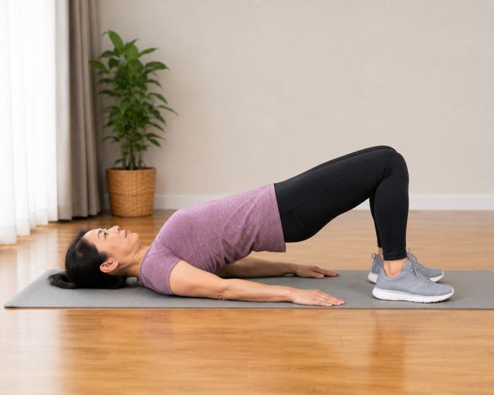 Cầu mông (glute bridge) là bài tập giúp tăng cường cơ mông, cơ đùi sau và cơ lõi. Ảnh:AI.