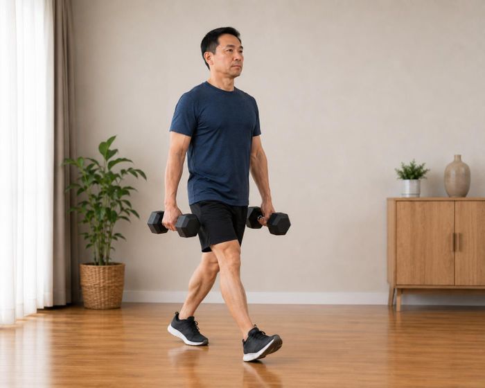 Mang tạ đi bộ là bài tập chức năng giúp tăng sức mạnh bàn tay, vai, cơ bụng và chân. Ảnh AI.