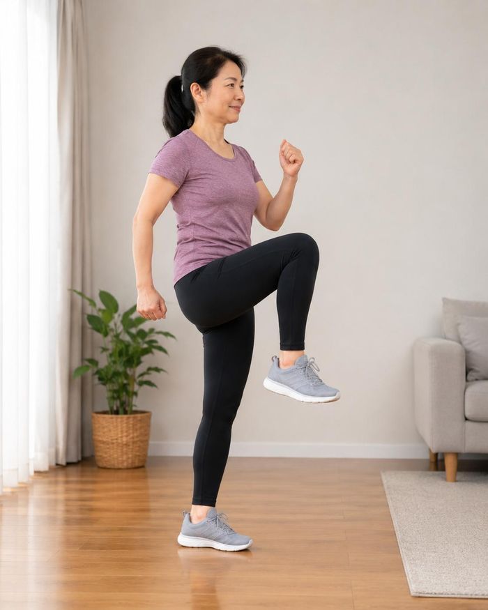 Bài tập nâng gối khi đứng vừa tăng sức mạnh cơ gấp hông và cơ bụng, vừa cải thiện khả năng giữ thăng bằng. Ảnh: AI.