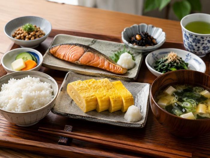 Một bữa sáng truyền thống của Nhật thường bao gồm cơm, súp miso, cá, rau, đậu nành lên men (natto) và một món từ trứng. Ảnh AI.