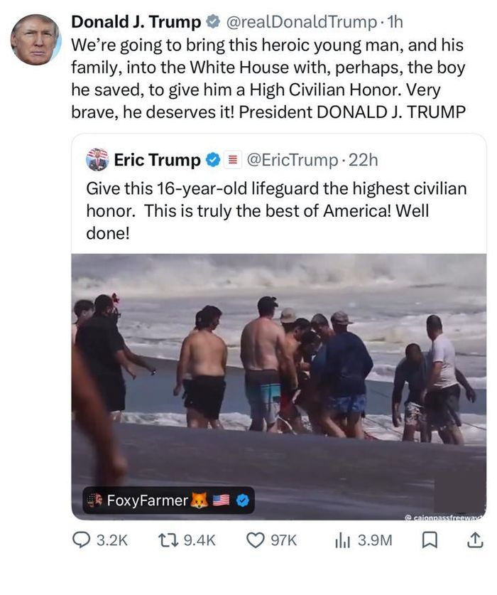 Đích thân Tổng thống Mỹ Donald Trump và con trai Eric Trump đã ca ngại hành động dũng cảm của Ryder Williams và ngỏ ý mời gia đình cậu đến Nhà Trắng. Ảnh chụp màn hình từ X