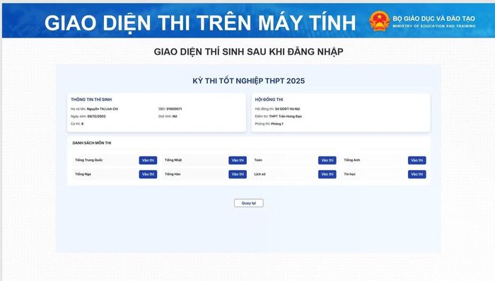  Giao diện bảng chọn môn thi trên máy tính. Ảnh: Bộ GD&amp;ĐT 