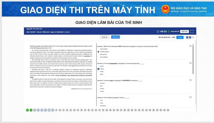  Giao diện mẫu một phần bài thi môn tiếng Anh trên máy tính. Ảnh: Bộ GD&amp;ĐT 