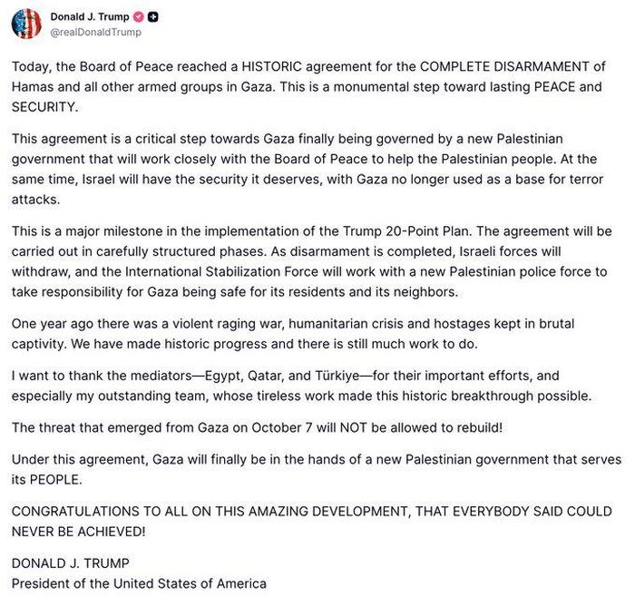 Tuyên bố của Tổng thống Mỹ Donald Trump về giải giáp lực lượng Hamas trên mạng xã hội Truth Social. Ảnh: X