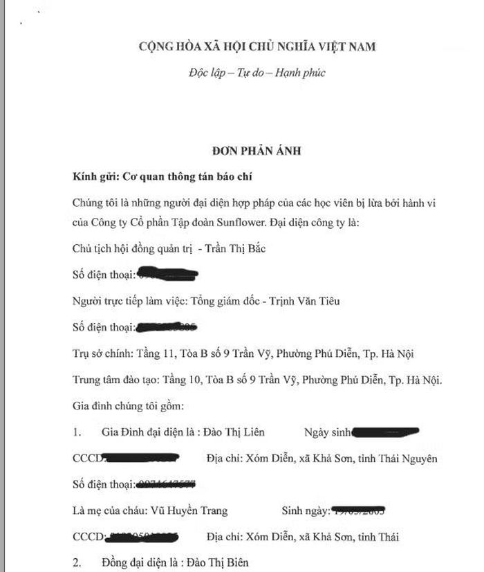 Đơn phản ánh của phụ huynh học viên.