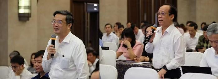 GS.TS Nguyễn Vũ Quốc Huy, Quyền Giám đốc Đại học Huế (ảnh trái) và PGS.TS Nguyễn Ngọc Vũ, Giám đốc Đại học Đà Nẵng phát biểu tại Hội nghị.