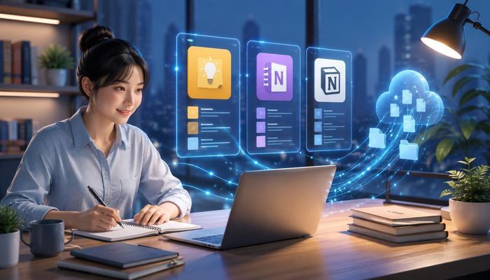 Để việc ghi chép bài giảng và lưu trữ tài liệu đạt hiệu quả, các ứng dụng như Google Keep, Microsoft OneNote hay Notion sẽ hỗ trợ hệ thống hóa kiến thức một cách khoa học. Đồ họa: Thái Bình