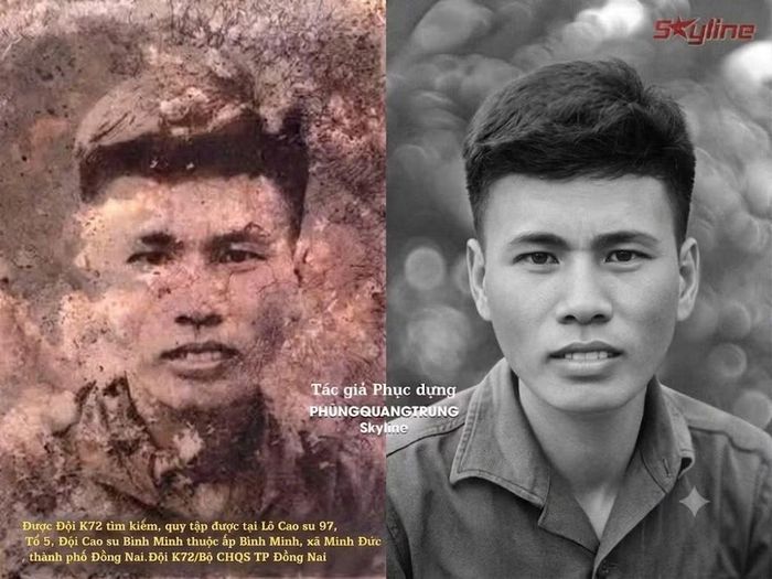 Di vật là bức ảnh liệt sĩ được tìm thấy trong mộ tập thể (trái), ảnh phục dựng (phải) (ảnh: Đội K72)