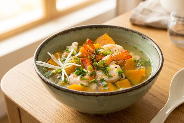 Canh bí đỏ nấu tôm. Ảnh: AI