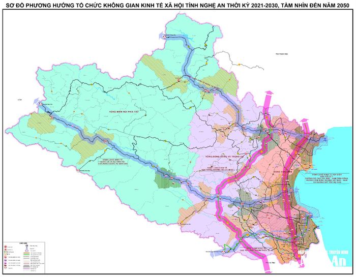Sơ đồ phương hướng tổ chức không gian kinh tế - xã hội tỉnh Nghệ An thời kỳ 2021 - 2030, tầm nhìn đến năm 2050. Ảnh: Thành Duy