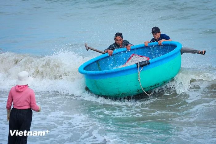 Những chiếc thuyền gỗ chèo tay thô sơ vận chuyển 'chiến lợi phẩm' vào bờ vẫn tiếp tục chiến đấu với sóng, có những lúc sóng đánh ụp thuyền là những khay cá, mực lại trở về với biển. (Ảnh: Hoài Nam/Vietnam+)