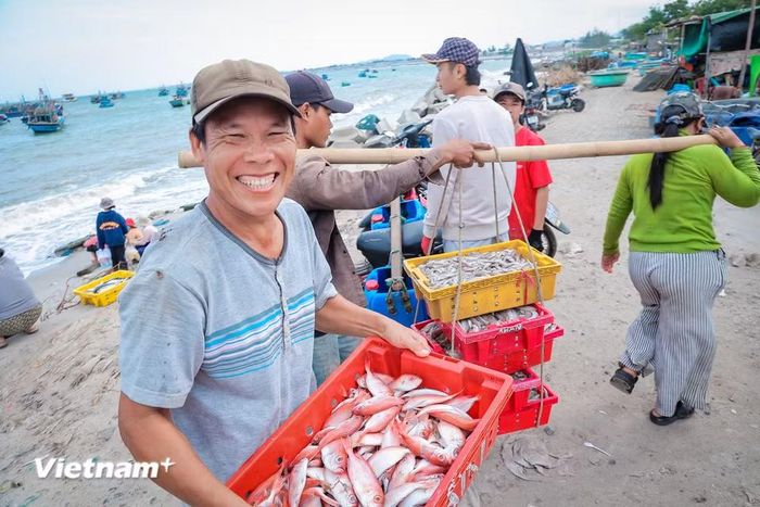 Thương lái và ngư dân trao đổi với nhau bằng những lời xởi lởi, nụ cười hiền hậu. Đứng trước bãi cá Vĩnh Tân, người ta dễ dàng cảm nhận được sự gắn kết bền chặt giữa con người và đại dương. (Ảnh: Hoài Nam/Vietnam+)