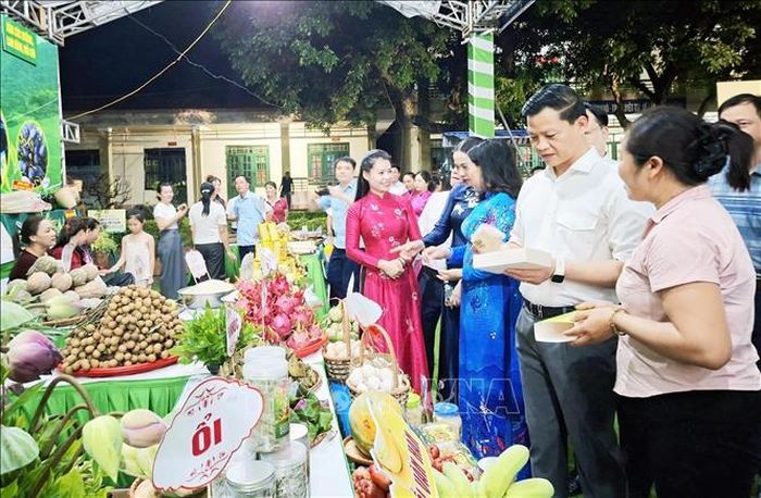 Chủ tịch UBND tỉnh Thái Nguyên Vương Quốc Tuấn và các đại biểu tham quan các gian hàng nông sản.