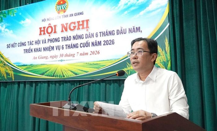 Phó Chủ tịch Thường trực Hội Nông dân tỉnh An Giang Lâm Quốc Toàn phát biểu tại hội nghị. Ảnh: Văn Sĩ - TTXVN