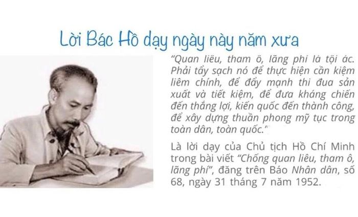 Trích lời dạy của Chủ tịch Hồ Chí Minh trong bài viết “Chống quan liêu, tham ô, lãng phí”, đăng trên Báo Nhân dân, số 68, ngày 31/7/1952. Ảnh tư liệu