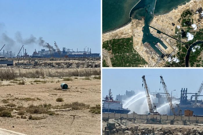 Hiện trường vụ tấn công bằng máy bay không người lái nhằm vào 2 tàu tại cảng Damietta, Ai Cập. Ảnh: Arabian Business.