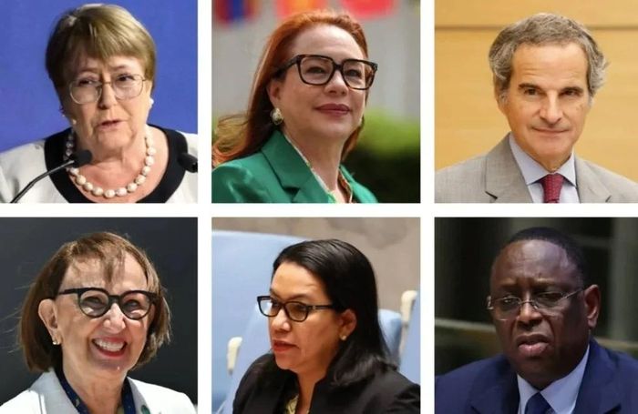 Các ứng viên, từ trái sang phải, hàng trên cùng: Michelle Bachelet, Maria Fernanda Espinosa, Rafael Grossi, Rebeca Grynspan, Carolyn Rodrigues-Birkett, Macky Sall. Ảnh: AFP.