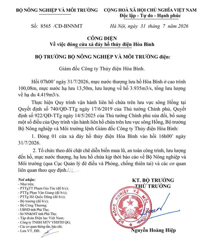 Công điện số 8565/CĐ-BTNMT của Bộ Nông nghiệp và Môi trường.