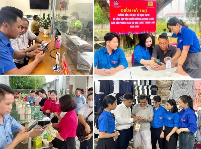 Đoàn viên hướng dẫn người dân cài đặt VNeID, thanh toán không dùng tiền mặt.
