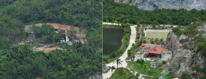 Một công trình có dấu hiệu xây mới trên đỉnh núi (bên trái) và công trình nhà ở đang trong giai đoạn hoàn thiện (bên phải) trong khu vực đất đã thu hồi để giao địa phương quản lý.