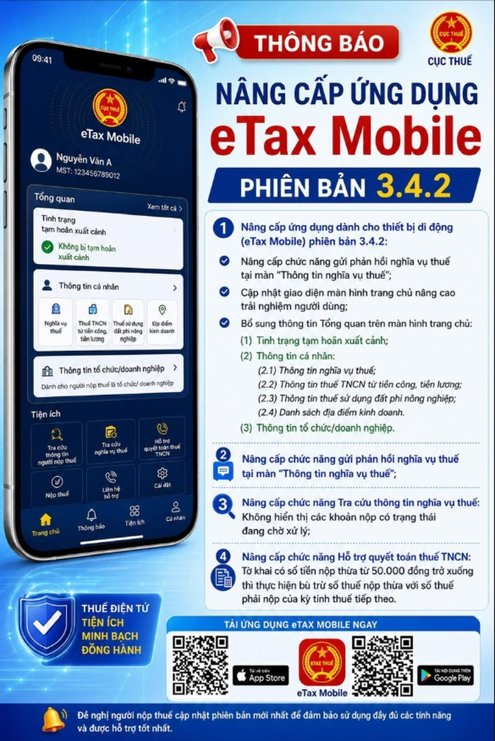 Cục Thuế đã chính thức triển khai ứng dụng eTax Mobile phiên bản 3.4.2 với nhiều nâng cấp quan trọng về giao diện, chức năng và trải nghiệm sử dụng.