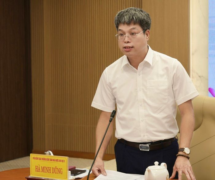 Đồng chí Hà Minh Dũng, Phó Kiểm toán trưởng KTNN khu vực X, Trưởng đoàn khảo sát phát biểu. Ảnh: Cổng thông tin điện tử UBND tỉnh Thái Nguyên.