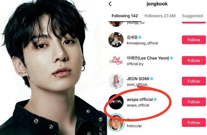 Jungkook bất ngờ nhấn theo dõi aespa vào cuối tháng 3. aespa là nhóm nhạc nữ mà bạn gái tin đồn của Jungkook - Winter đang hoạt động. Ảnh: X.