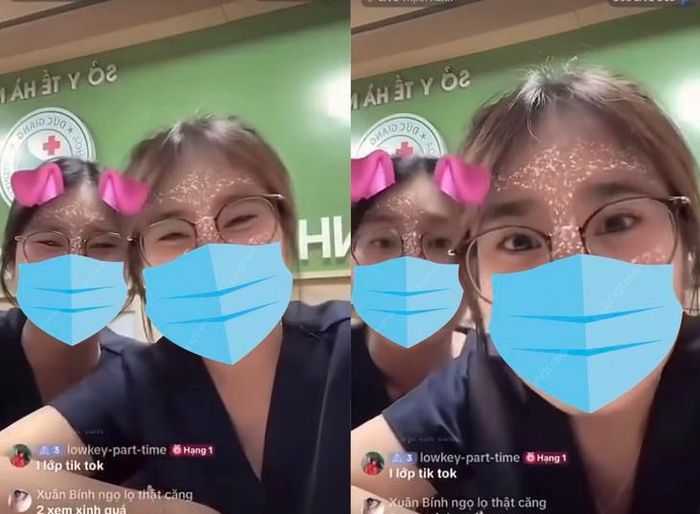 Hình ảnh hai nữ sinh thực tập phát ngôn thiếu chuẩn mực tại Bệnh viện Đa khoa Đức Giang. Ảnh cắt từ clip