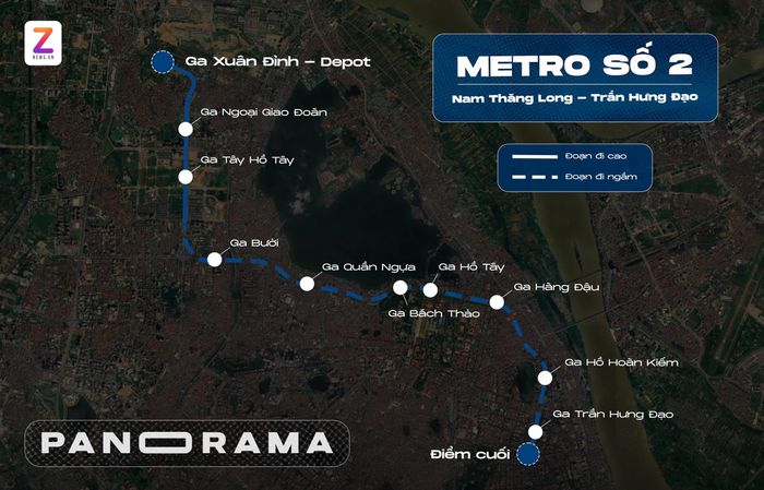  Tổng chiều dài toàn tuyến metro số 2 là 10,9 km, trong đó cấu trúc bao gồm 1,94 km đi trên cao và 8,9 km đi ngầm. Toàn tuyến được thiết kế với 10 nhà ga, bao gồm 2 ga trên cao và 8 ga ngầm, đi qua các khu vực trọng yếu các phường Xuân Đỉnh, Nghĩa Đô, Ngọc Hà, Tây Hồ, Hoàn Kiếm, Cửa Nam. Đồ họa: Đinh Hà. 