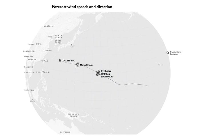 Dự báo đường đi của siêu bão Dolphin. Ảnh: New York Times.
