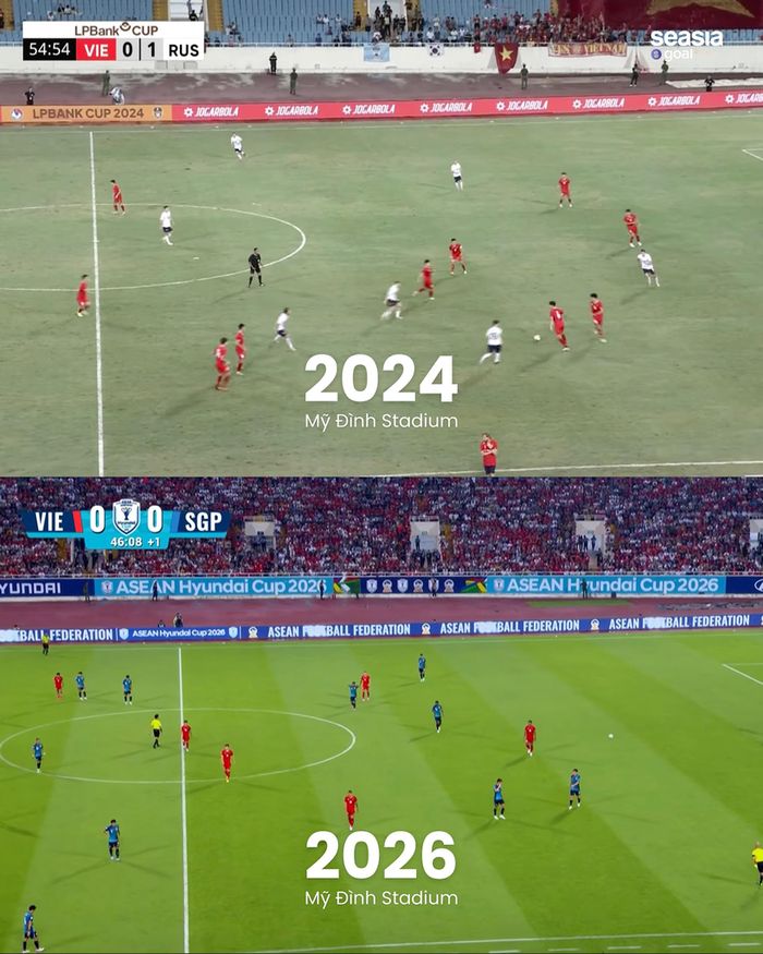  Hình ảnh so sánh mặt sân Mỹ Đình năm 2024 và 2026 được tài khoản Seasia Goal chia sẻ. Ảnh: @seasiagoal/Instagram. 