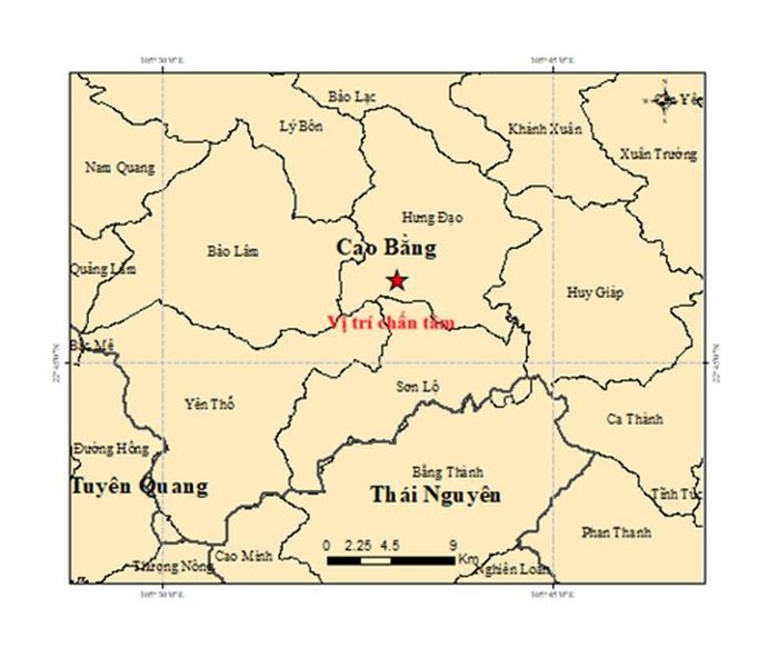 Bản đồ chấn tâm trận động đất tại xã Hưng Đạo, tỉnh Cao Bằng - Ảnh: Viện Các khoa học Trái đất