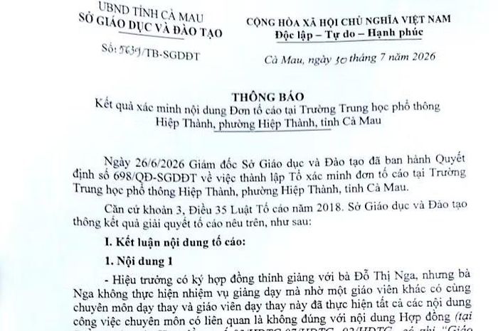Thông báo kết quả xác minh đơn tố cáo từ Sở Giáo dục và Đào tạo tỉnh Cà Mau đối với Trường trung học phổ thông Hiệp Thành.