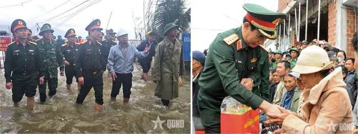 Ảnh trái: Đại tướng Phan Văn Giang đi thăm các gia đình bị ngập sâu do mưa lũ. Ảnh phải: Đại tướng Phan Văn Giang trao quà tặng người dân ở xã Tuy Phước Đông. Ảnh: NGUYỄN ANH SƠN