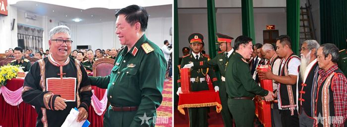 Ảnh trái: Đại tướng Nguyễn Trọng Nghĩa và già làng tiêu biểu. Ảnh phải: Đại tướng Nguyễn Trọng Nghĩa trao quà tặng các già làng, trưởng bản, trưởng thôn, người có uy tín, chức sắc tôn giáo. Ảnh: NGUYỄN ANH SƠN