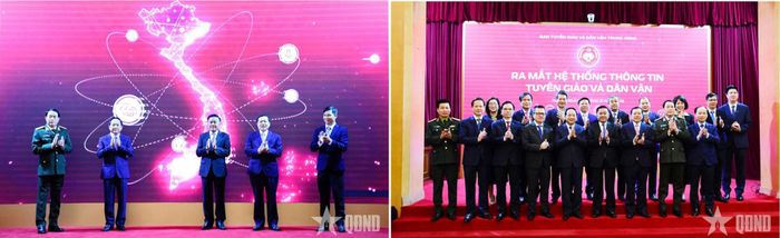 Ban Tuyên giáo và Dân vận Trung ương tổ chức lễ ra mắt ứng dụng di động "Tuyên giáo và Dân vận" (App TGDV) trên điện thoại di động (ngày 16-1). Ảnh trái: Các đại biểu thực hiện nghi thức ra mắt ứng dụng di động "Tuyên giáo và Dân vận" trên điện thoại di động. Ảnh phải: Các đại biểu chúc mừng ứng dụng di động "Tuyên giáo và Dân vận" chính thức ra mắt.