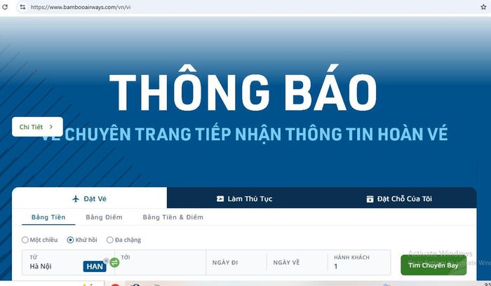 Ngay trên trang, hãng để thông báo về việc tiếp nhận thông tin hoàn vé. Ảnh chụp màn hình