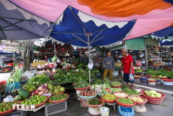 Chợ Long Hoa bày bán đa dạng rau, củ, quả tươi. (Ảnh: Giang Phương/TTXVN)
