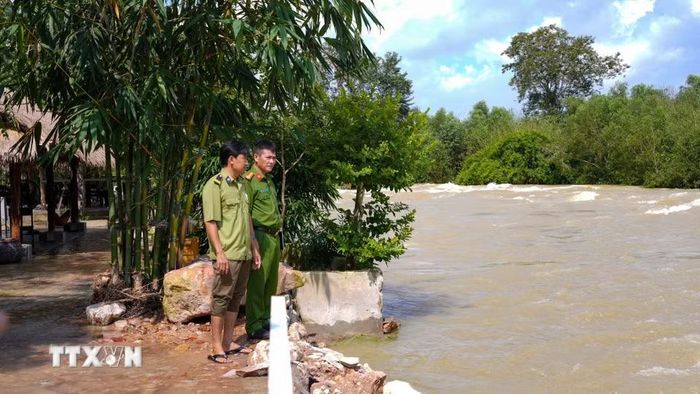 Lực lượng chức năng kiểm tra tình trạng lấn chiếm hành lang thoát lũ hồ Dầu Tiếng tại ấp Sơn Đài, xã Dầu Tiếng, Thành phố Hồ Chí Minh. (Ảnh: Minh Phú/TTXVN)