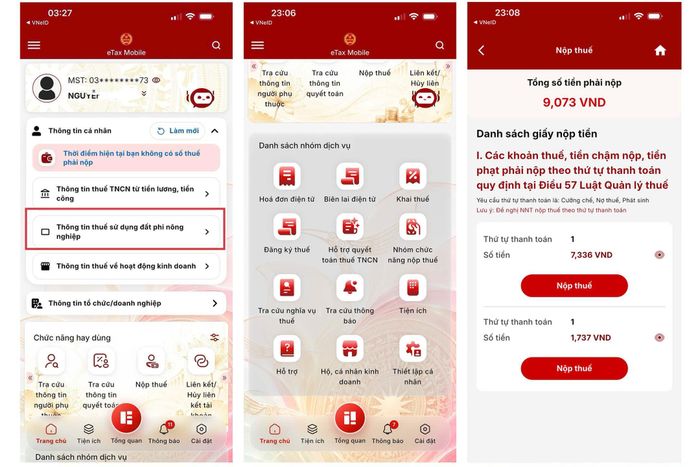 Giao diện các tiện ích về thuế trên ứng dụng eTax Mobile mới được nâng cấp.