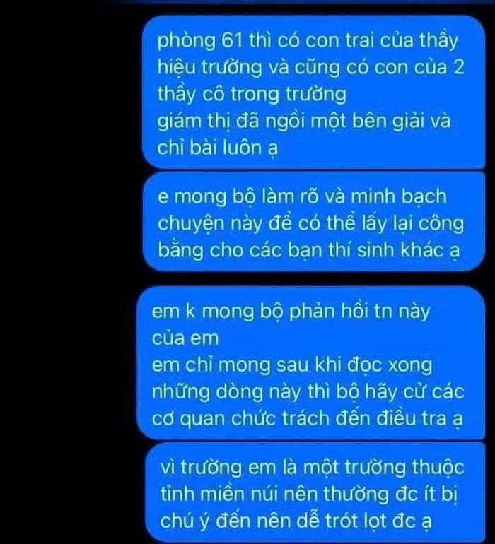 Nội dung tin nhắn đăng tải trên mạng xã hội phản ánh tiêu cực ở điểm thi Trường THPT Lê Trực làm xôn xao dư luận.