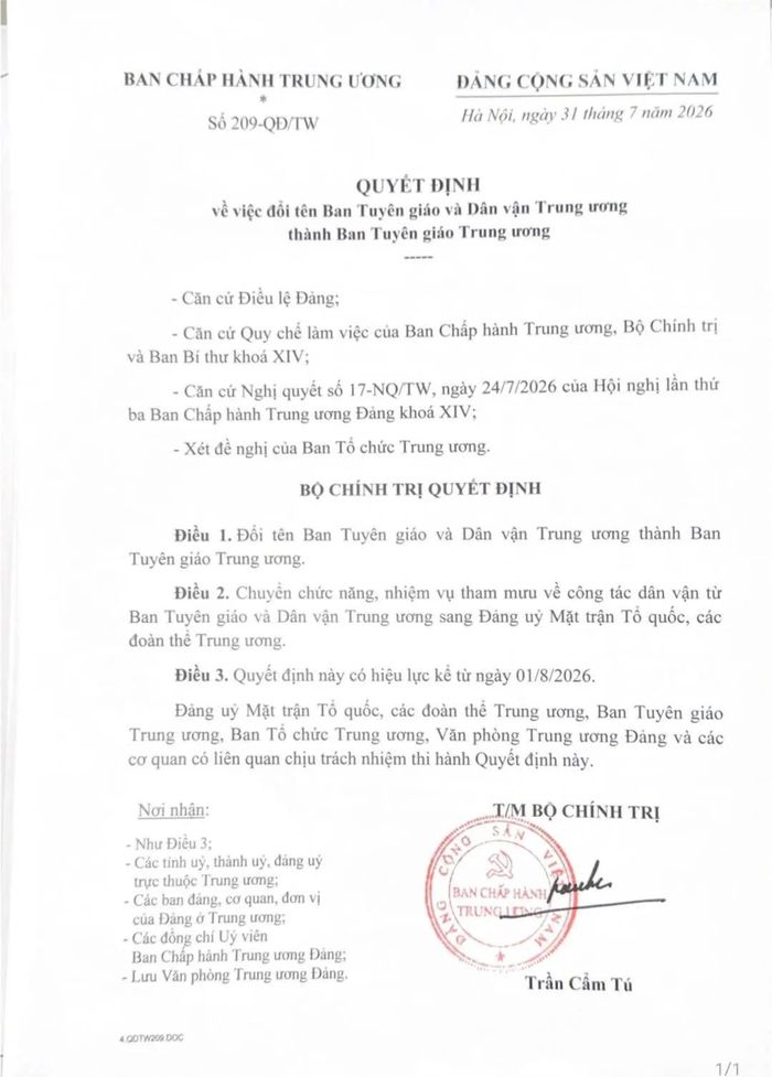 Quyết định số 209-QĐ/TW ngày 31/7/2026 về việc đổi tên Ban Tuyên giáo và Dân vận Trung ương thành Ban Tuyên giáo Trung ương.