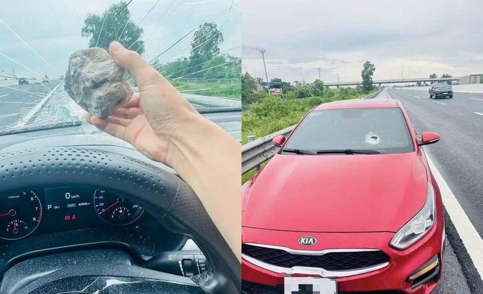 Hình ảnh cục đá và chiếc xe bị ném trúng vỡ kính chắn phía trước.