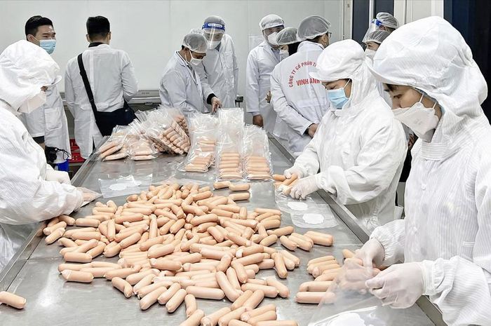 Chế biến xúc xích tại Công ty cổ phần Công nghệ thực phẩm Vinh Anh (xã Thường Tín). Ảnh: Vinh Anh Food
