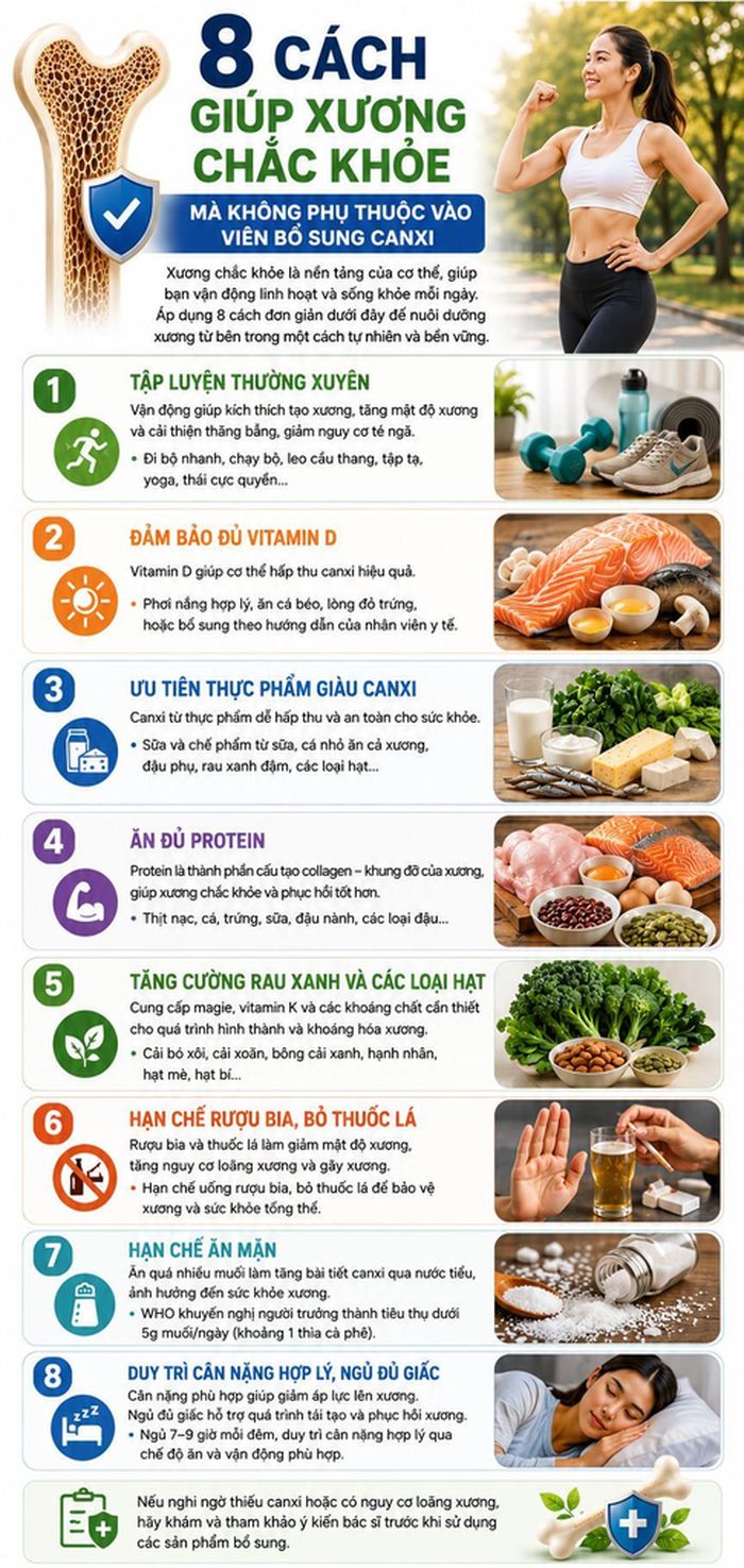 Sức khỏe xương được quyết định bởi nhiều yếu tố chứ không chỉ riêng lượng canxi đưa vào cơ thể. Một chế độ ăn cân đối, duy trì hoạt động thể chất thường xuyên, đảm bảo đủ vitamin D và xây dựng lối sống lành mạnh sẽ góp phần duy trì mật độ xương và giảm nguy cơ loãng xương theo thời gian. Đối với viên bổ sung canxi hoặc vitamin D, người dân chỉ nên sử dụng khi có chỉ định hoặc tư vấn của nhân viên y tế, đặc biệt nếu thuộc nhóm có nguy cơ thiếu hụt hoặc mắc các bệnh về xương.